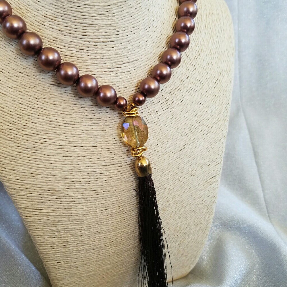 Brown and gold faux pearl necklace